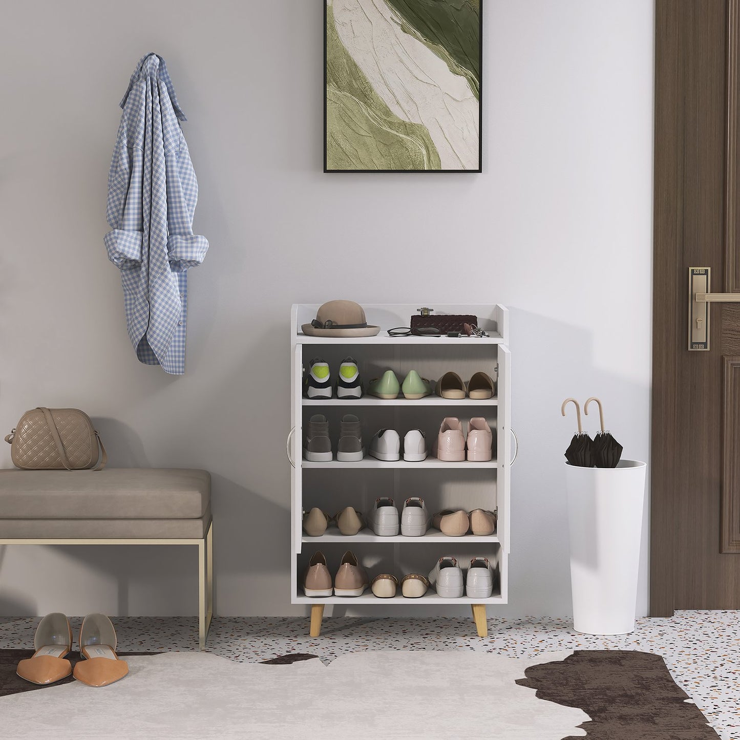 White solid wood shoe cabinet with doors - Fits 12 pairs