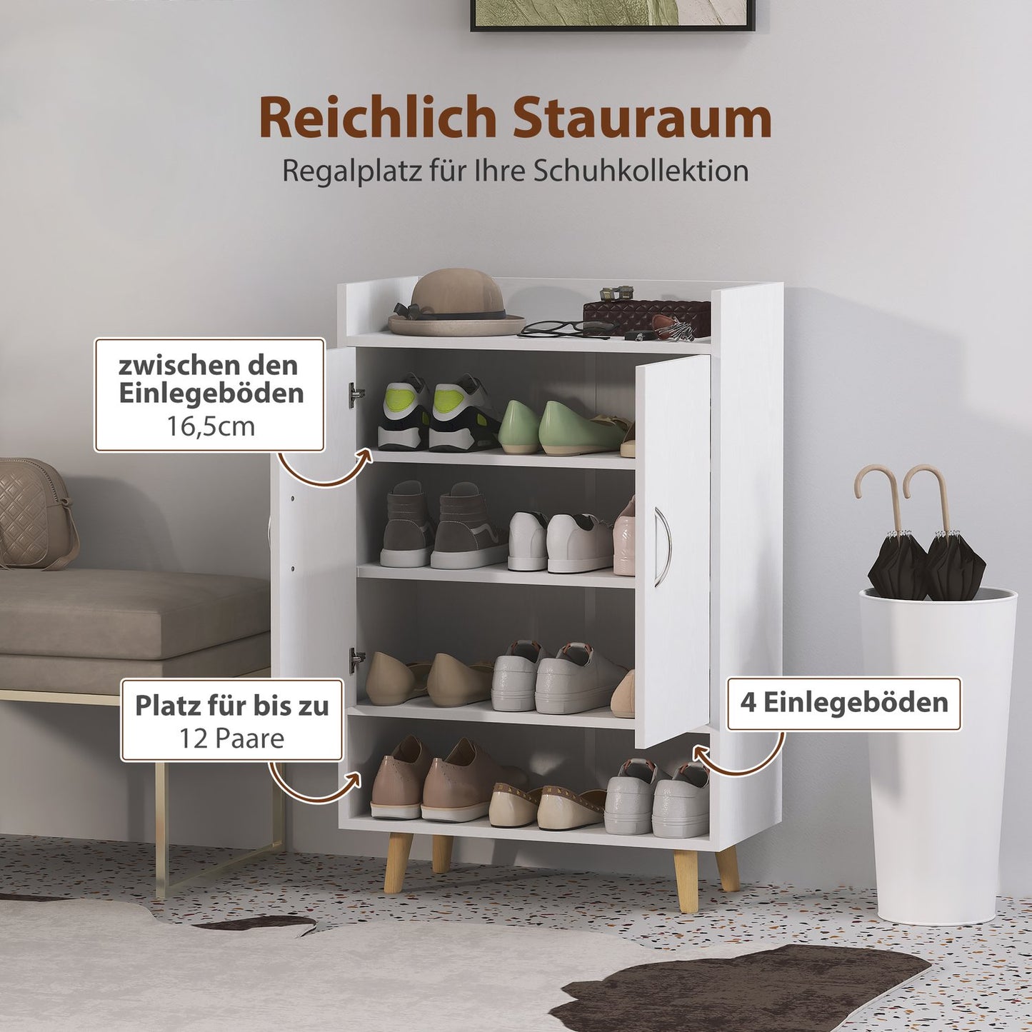 White solid wood shoe cabinet with doors - Fits 12 pairs