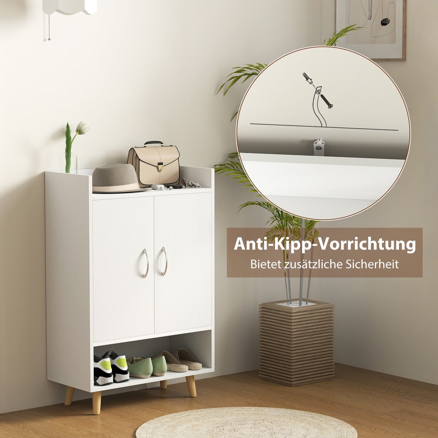 White solid wood shoe cabinet with doors - Fits 12 pairs