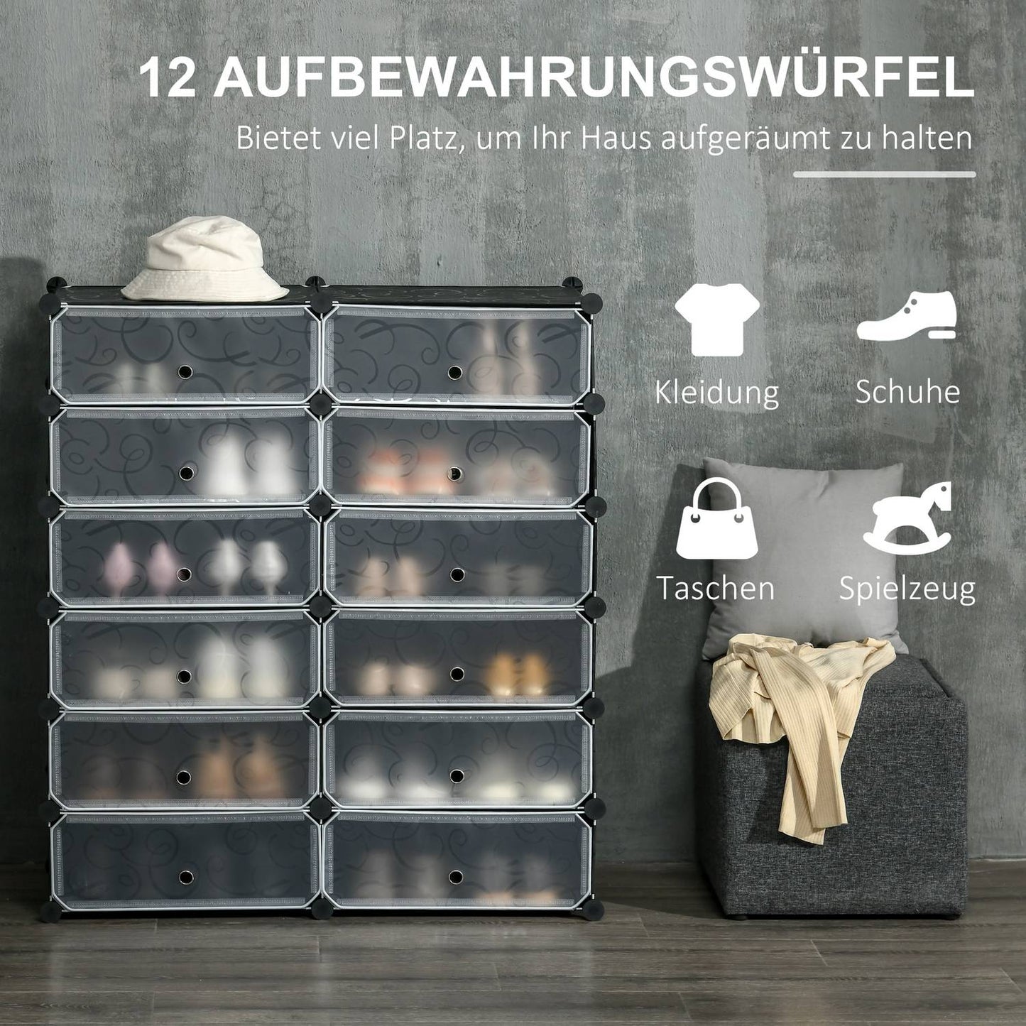 Modular Shoe Cabinet - 12 Compartment Black DIY Storage