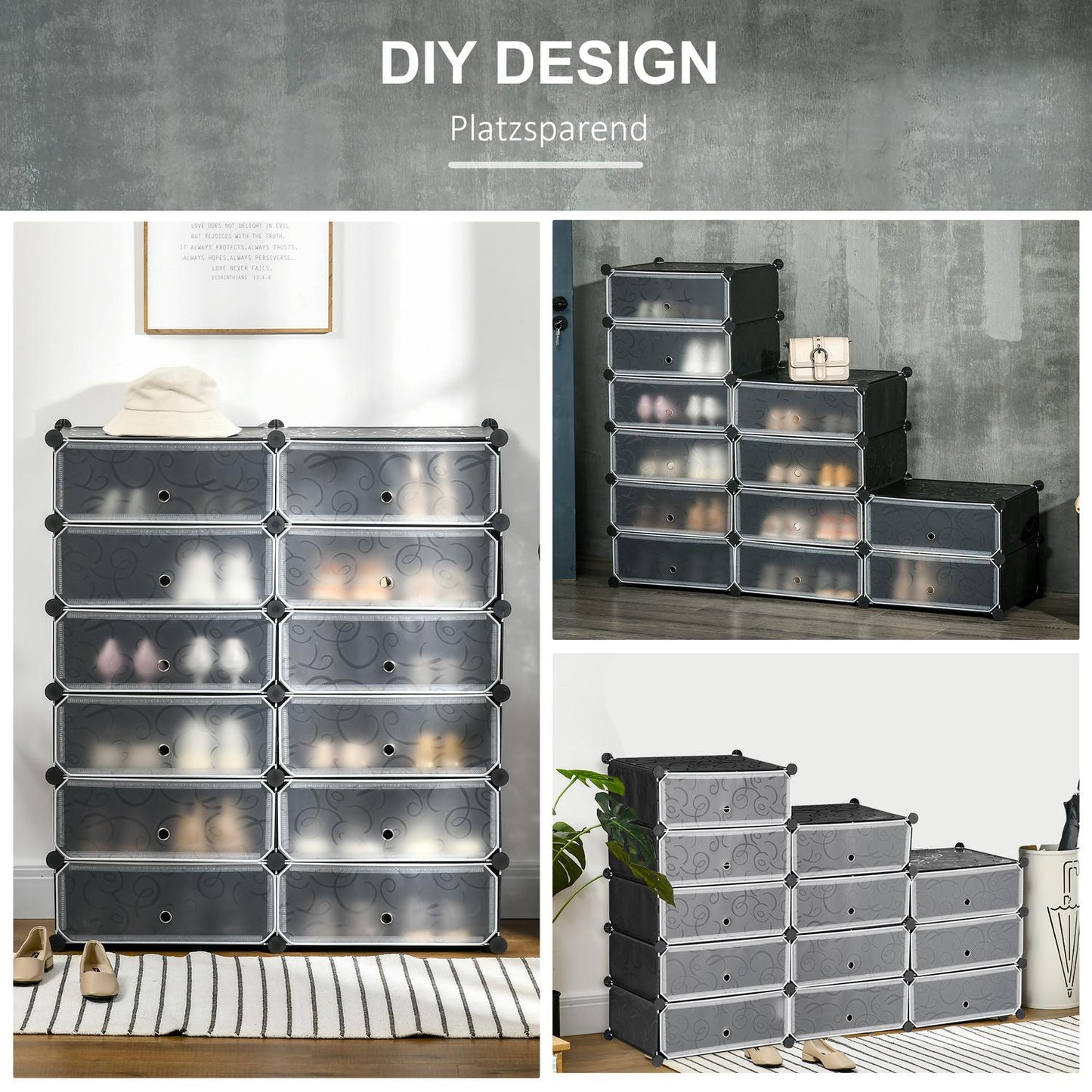 Modular Shoe Cabinet - 12 Compartment Black DIY Storage