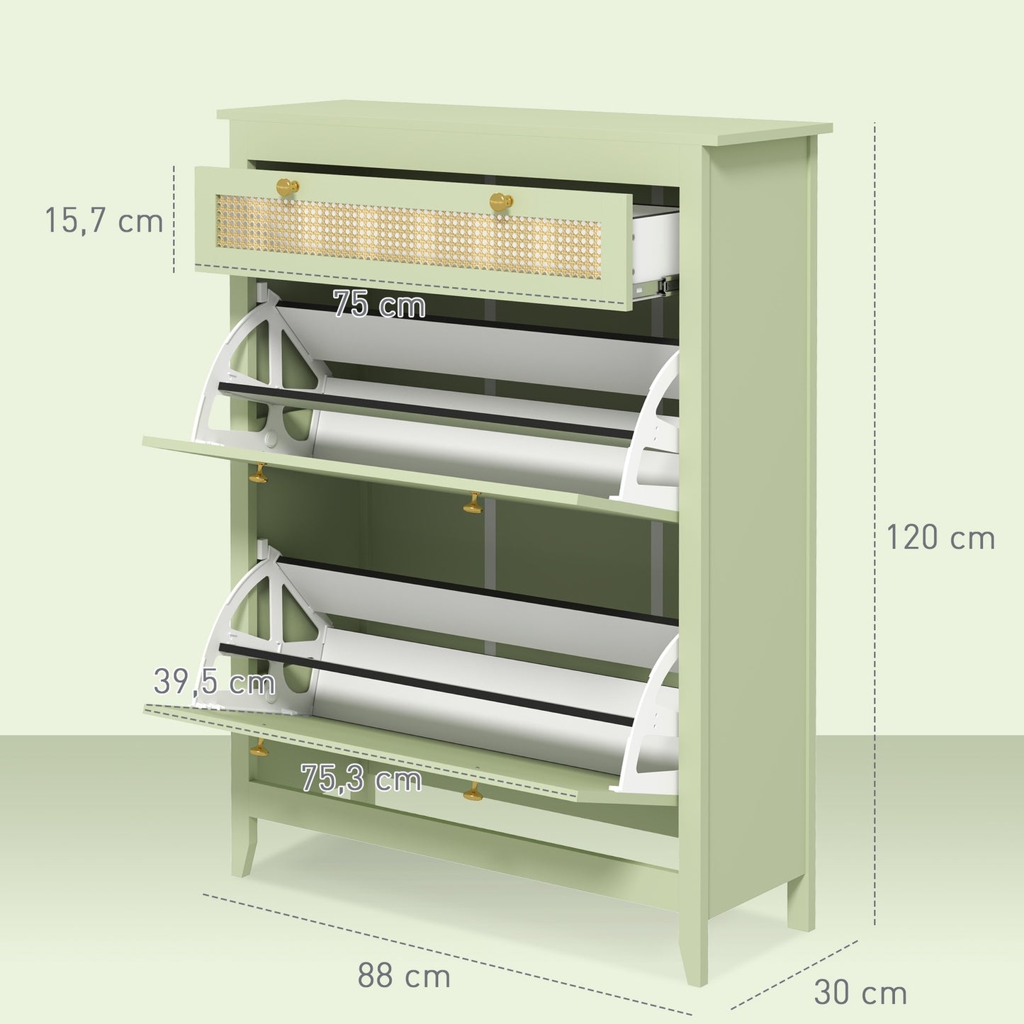 Shoe cabinet with drawer - Holds 12 pairs, 88x30x120 cm, green