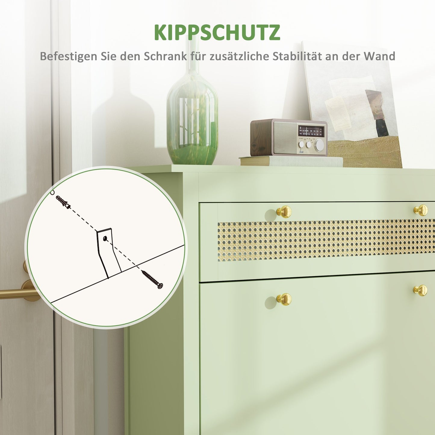 Shoe cabinet with drawer - Holds 12 pairs, 88x30x120 cm, green