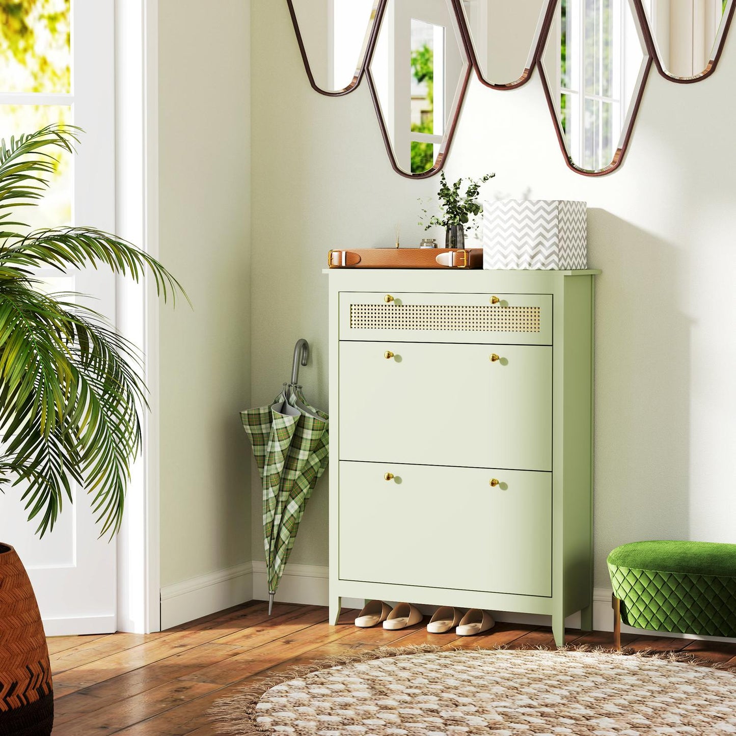 Shoe cabinet with drawer - Holds 12 pairs, 88x30x120 cm, green