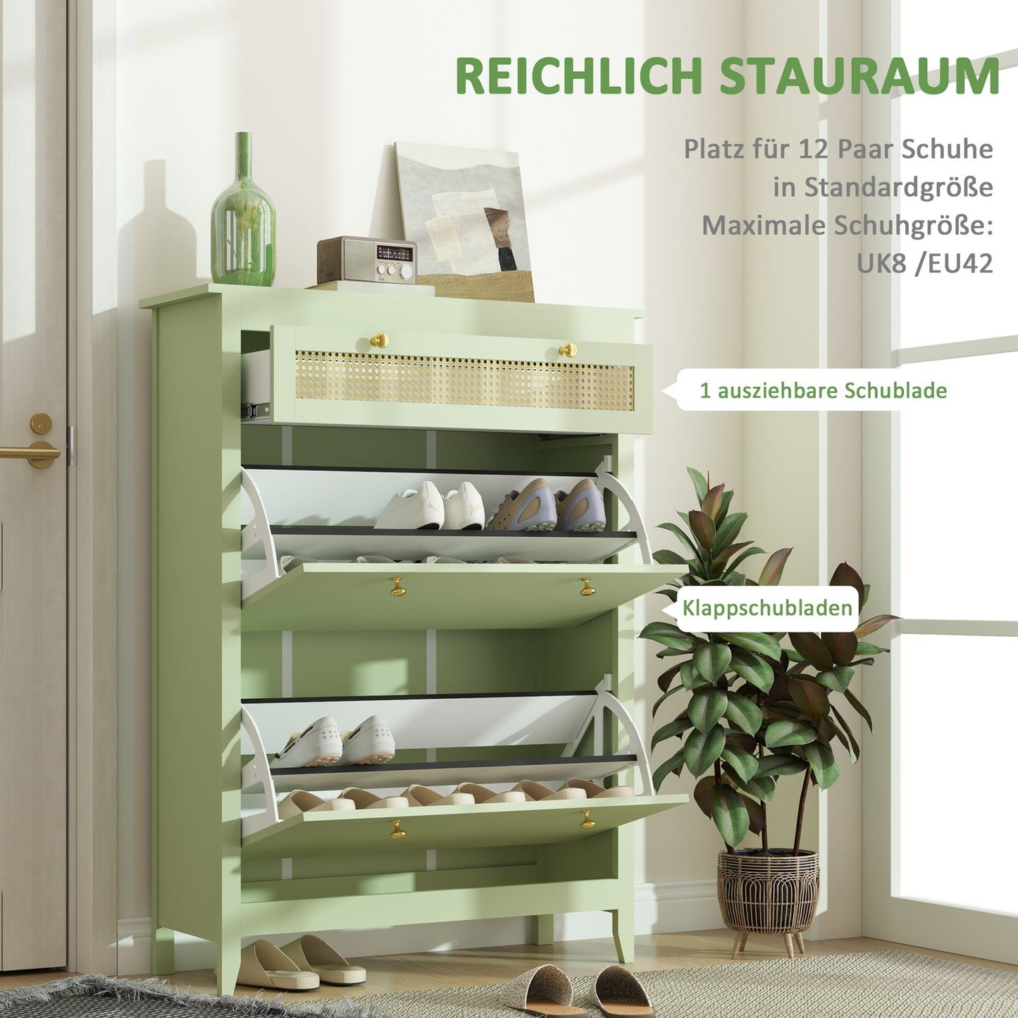 Shoe cabinet with drawer - Holds 12 pairs, 88x30x120 cm, green
