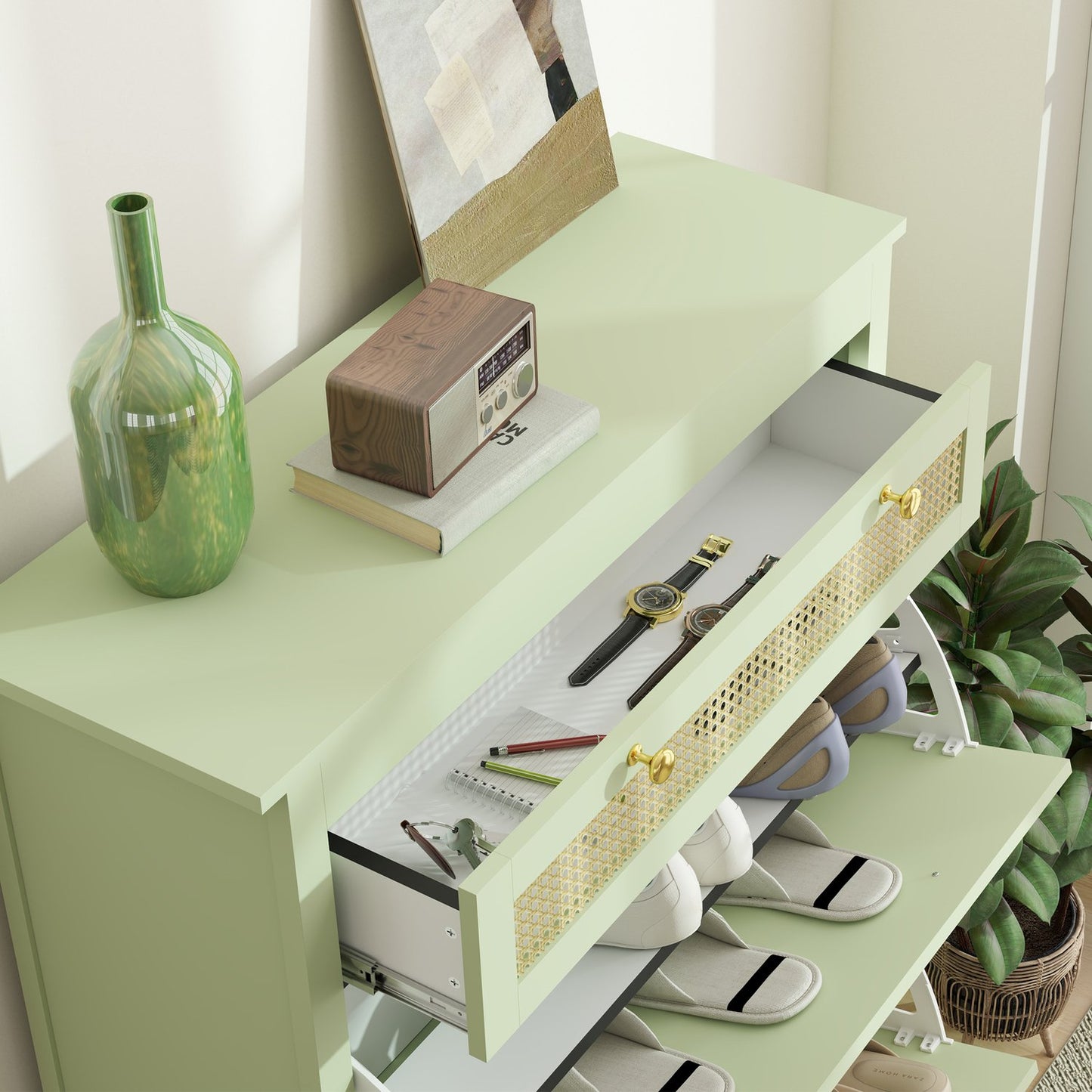 Shoe cabinet with drawer - Holds 12 pairs, 88x30x120 cm, green