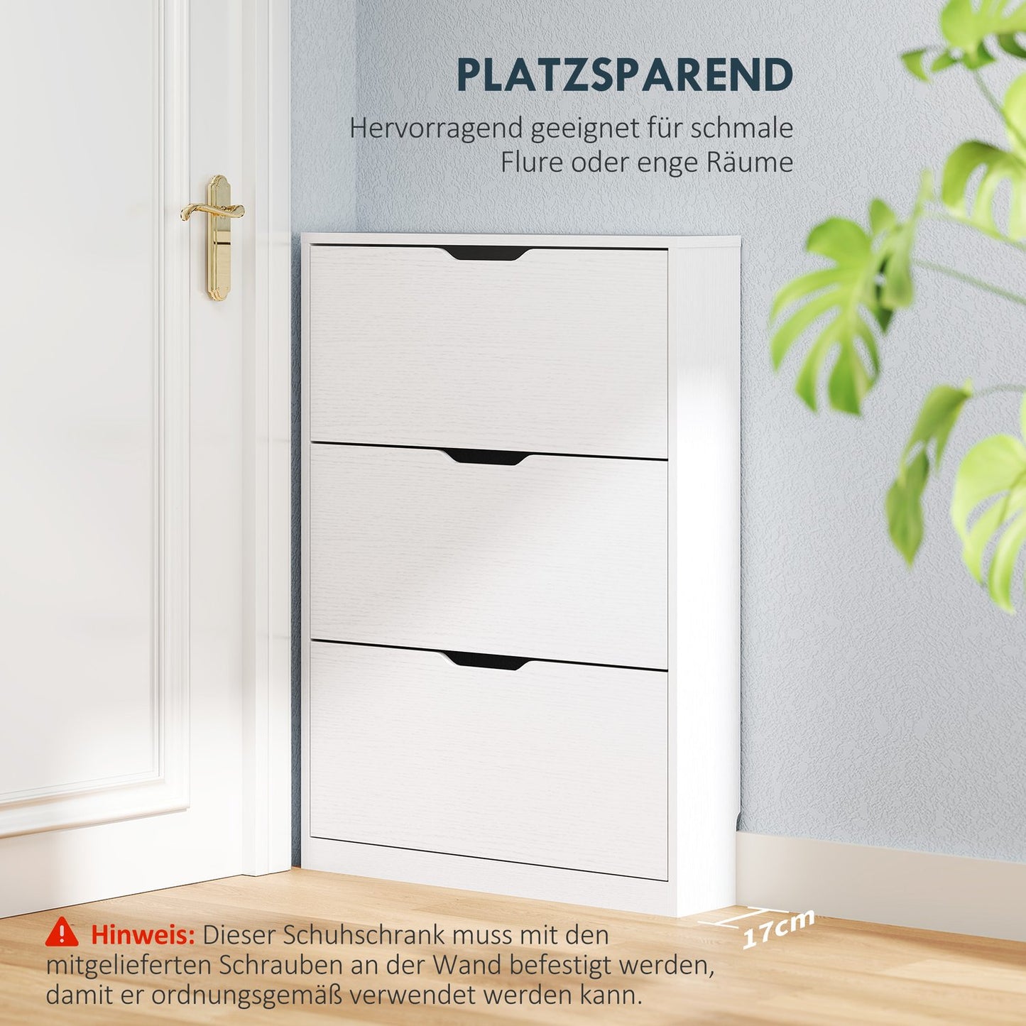 Slim white shoe cabinet for 9-12 pairs, 3 flaps, 80x17x108 cm