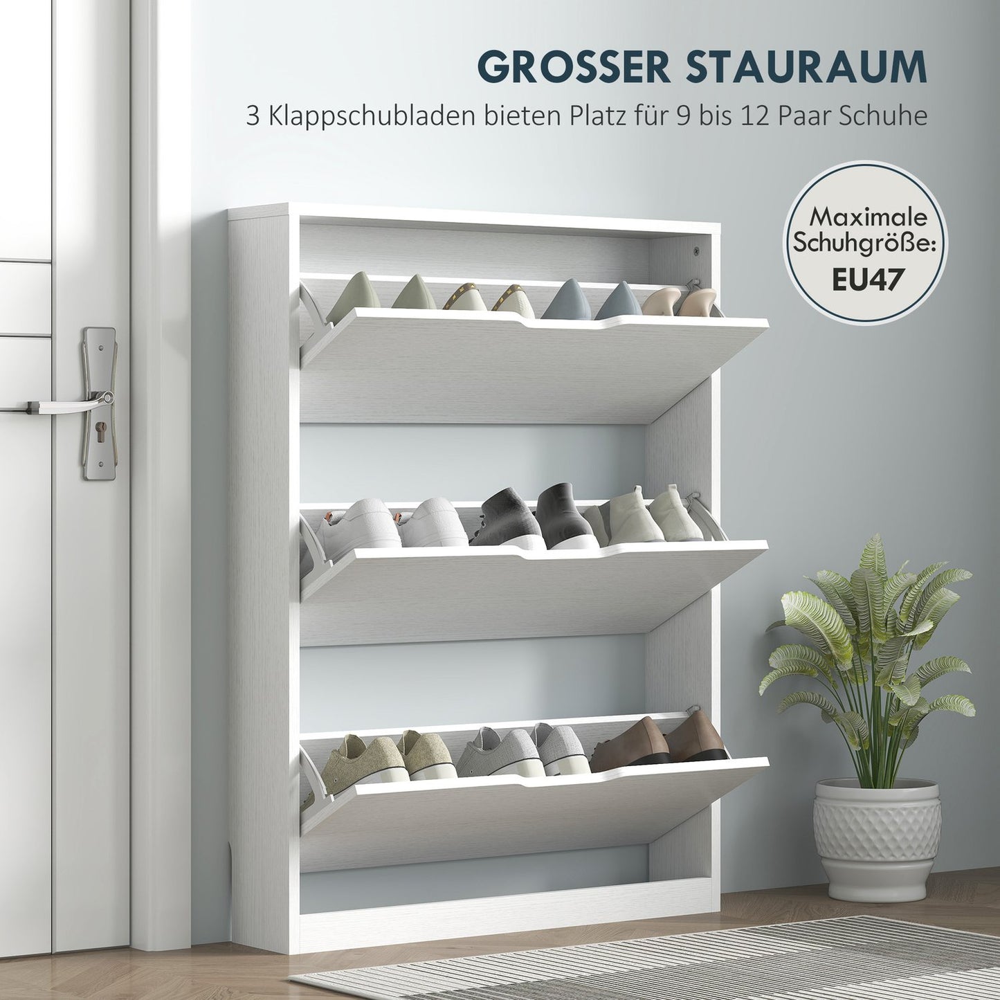 Slim white shoe cabinet for 9-12 pairs, 3 flaps, 80x17x108 cm
