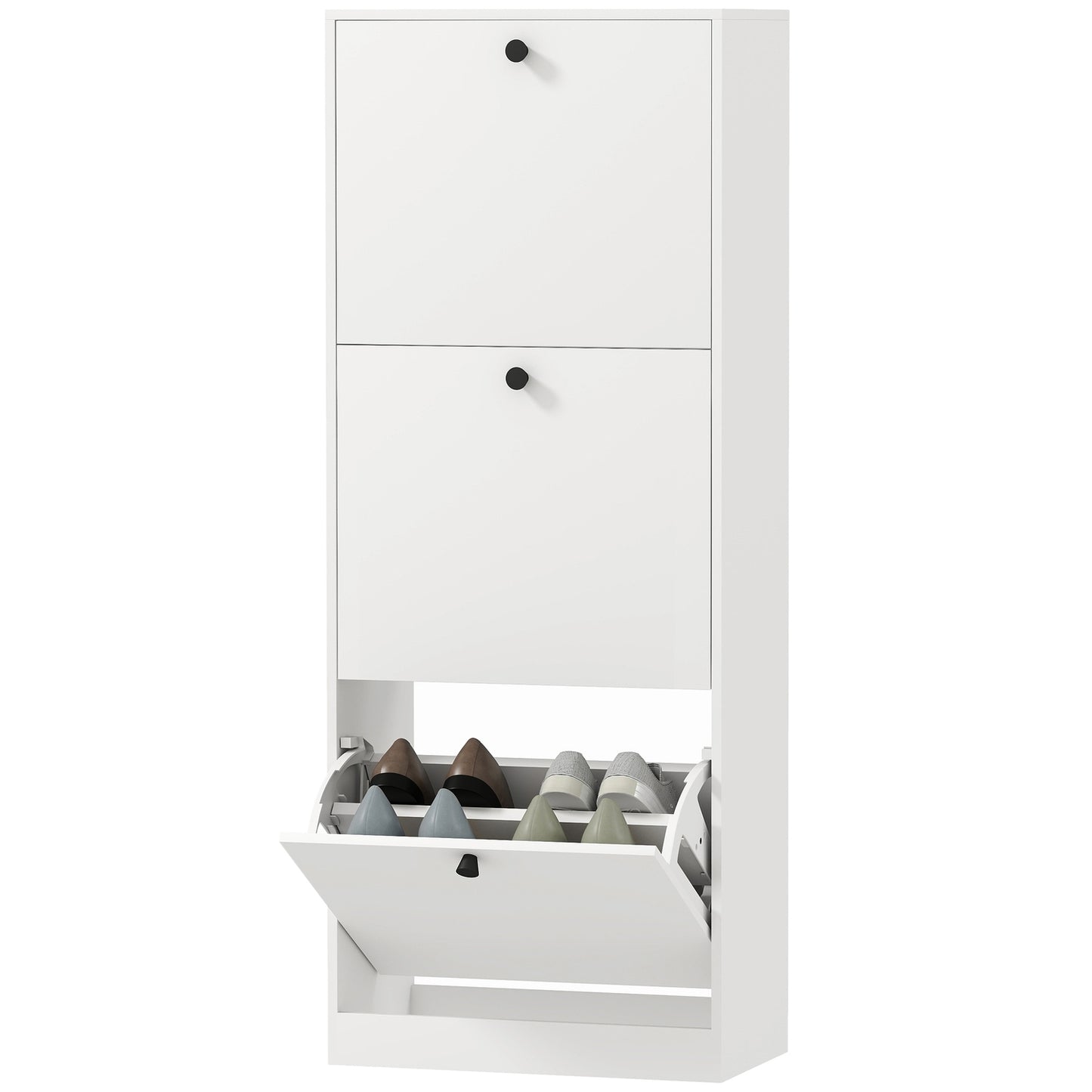 Slim white shoe cabinet - adjustable dividers, holds 12 pairs