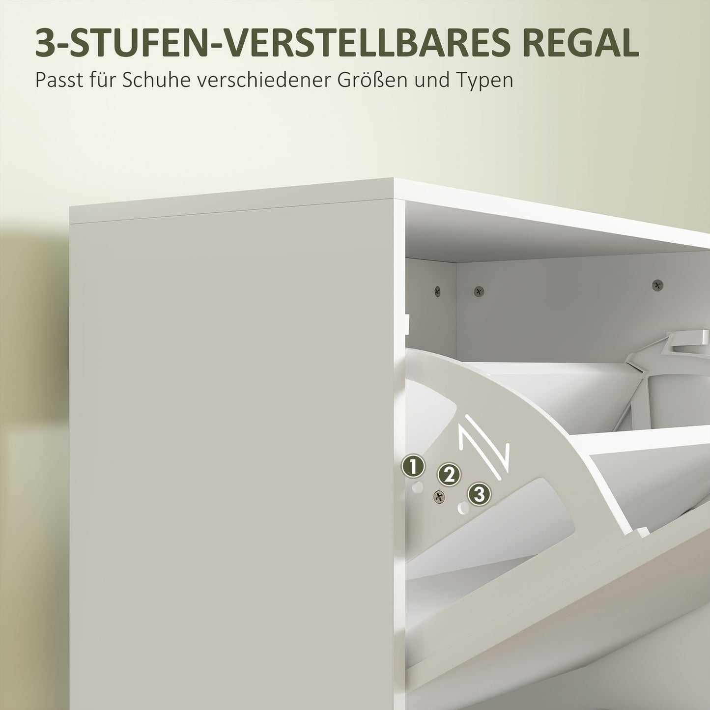 Slim white shoe cabinet - adjustable dividers, holds 12 pairs