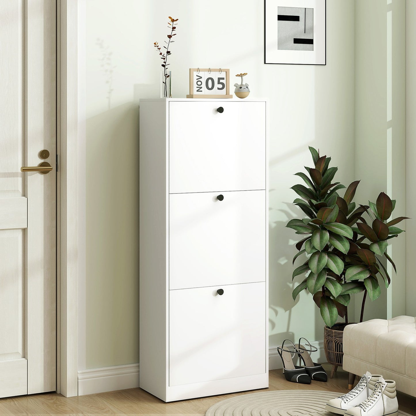 Slim white shoe cabinet - adjustable dividers, holds 12 pairs