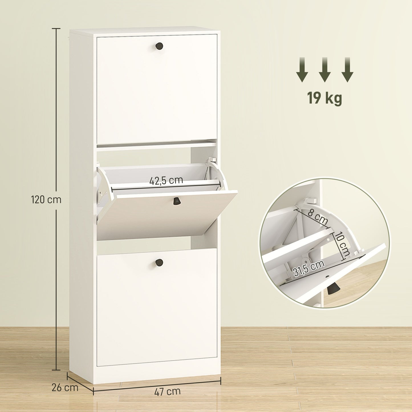 Slim white shoe cabinet - adjustable dividers, holds 12 pairs