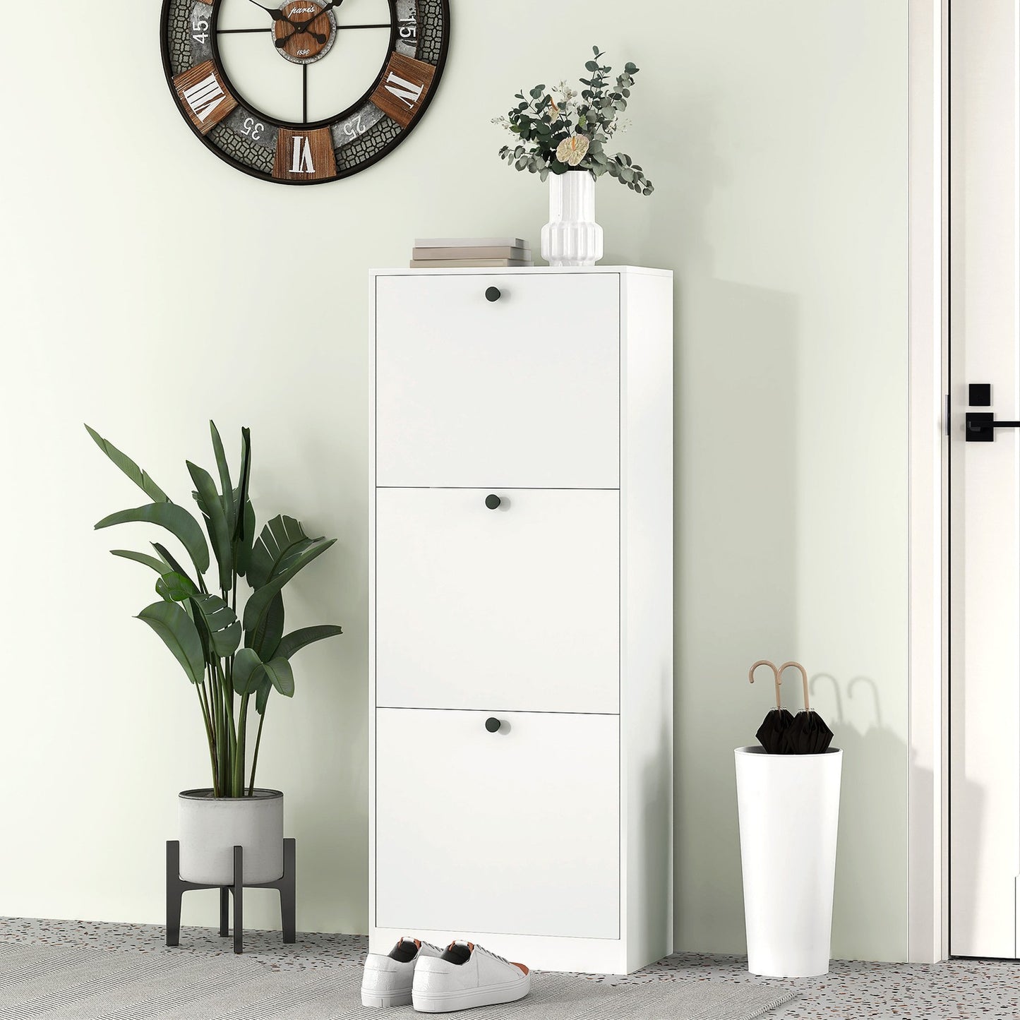Slim white shoe cabinet - adjustable dividers, holds 12 pairs
