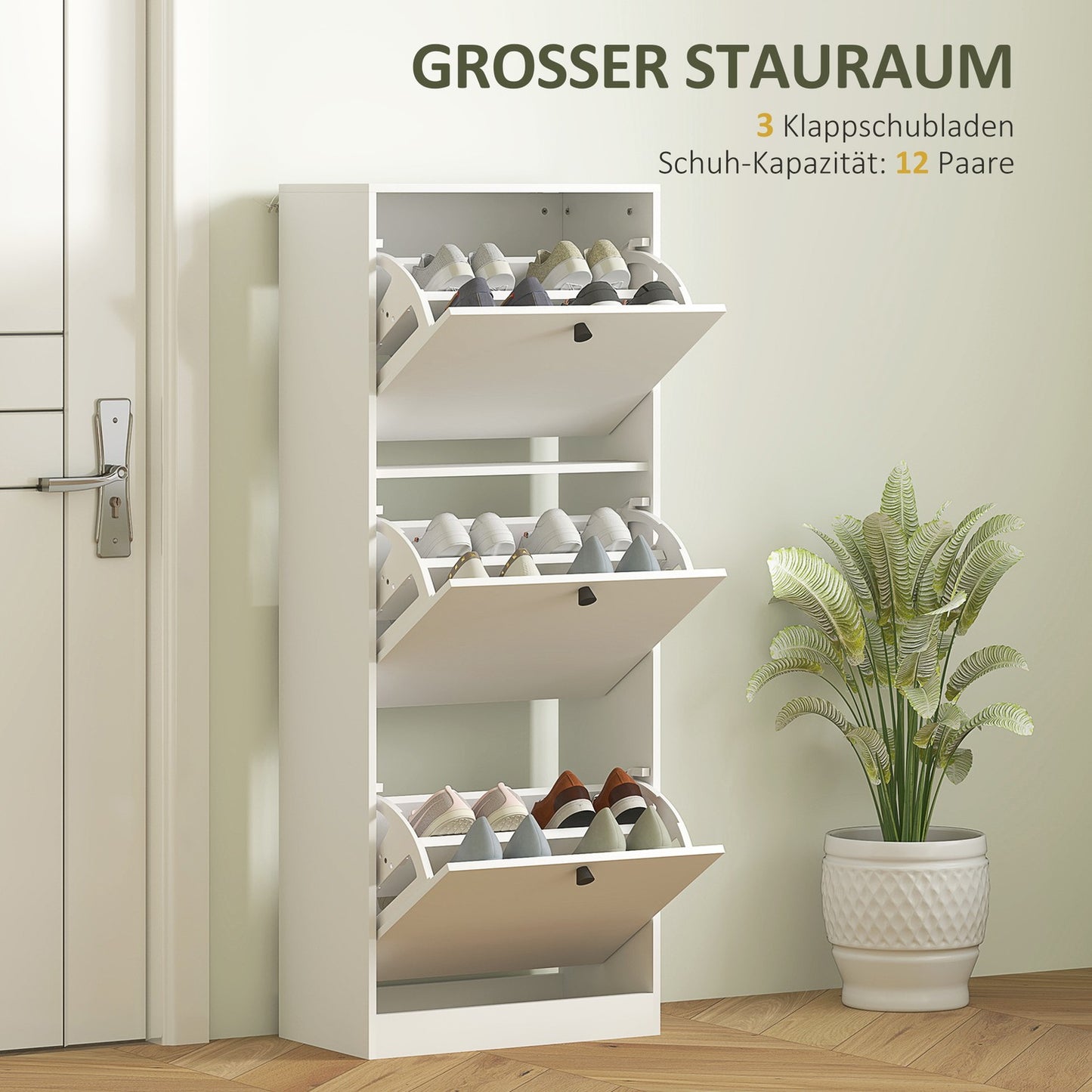 Slim white shoe cabinet - adjustable dividers, holds 12 pairs