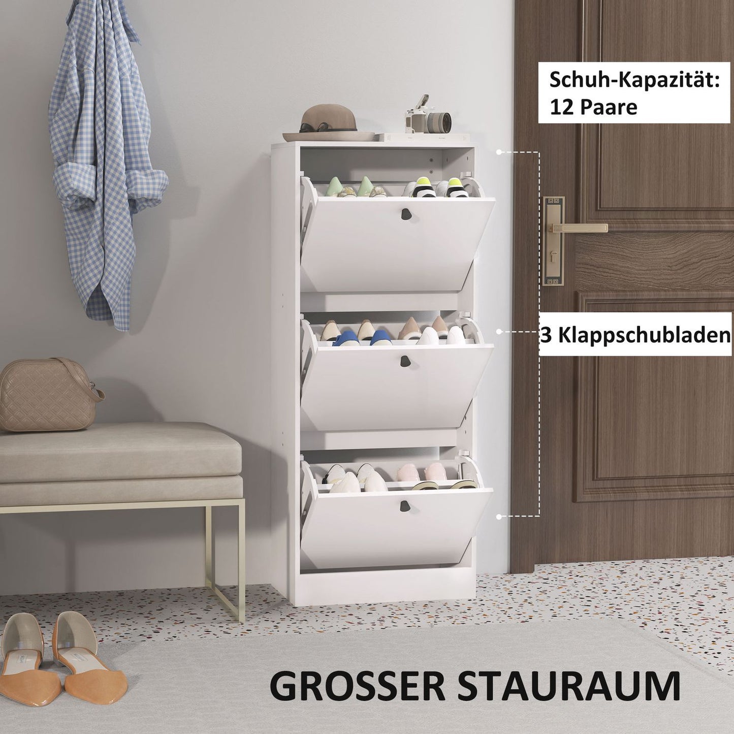Shoe cabinet with 3 flaps, adjustable for 12 pairs