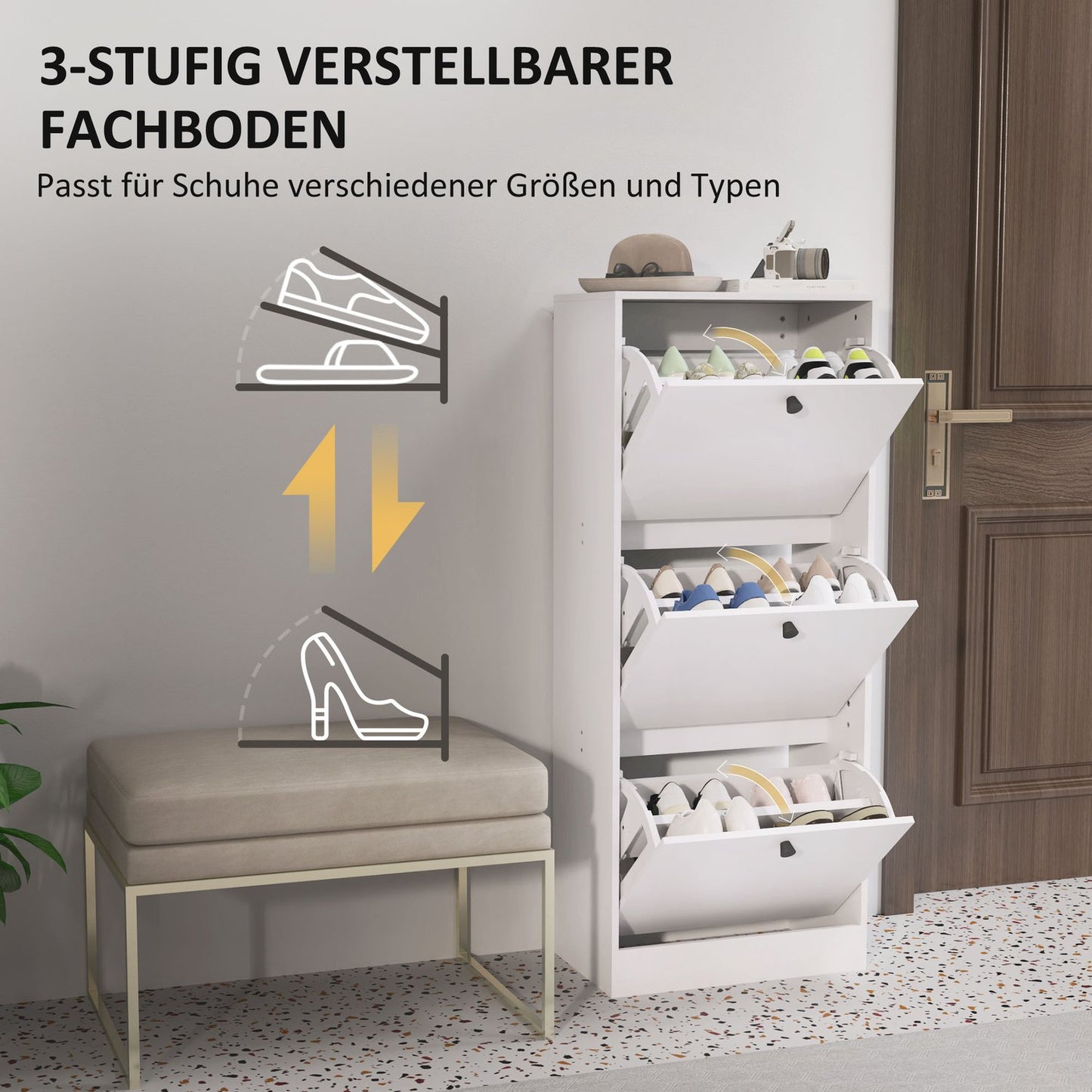 Shoe cabinet with 3 flaps, adjustable for 12 pairs