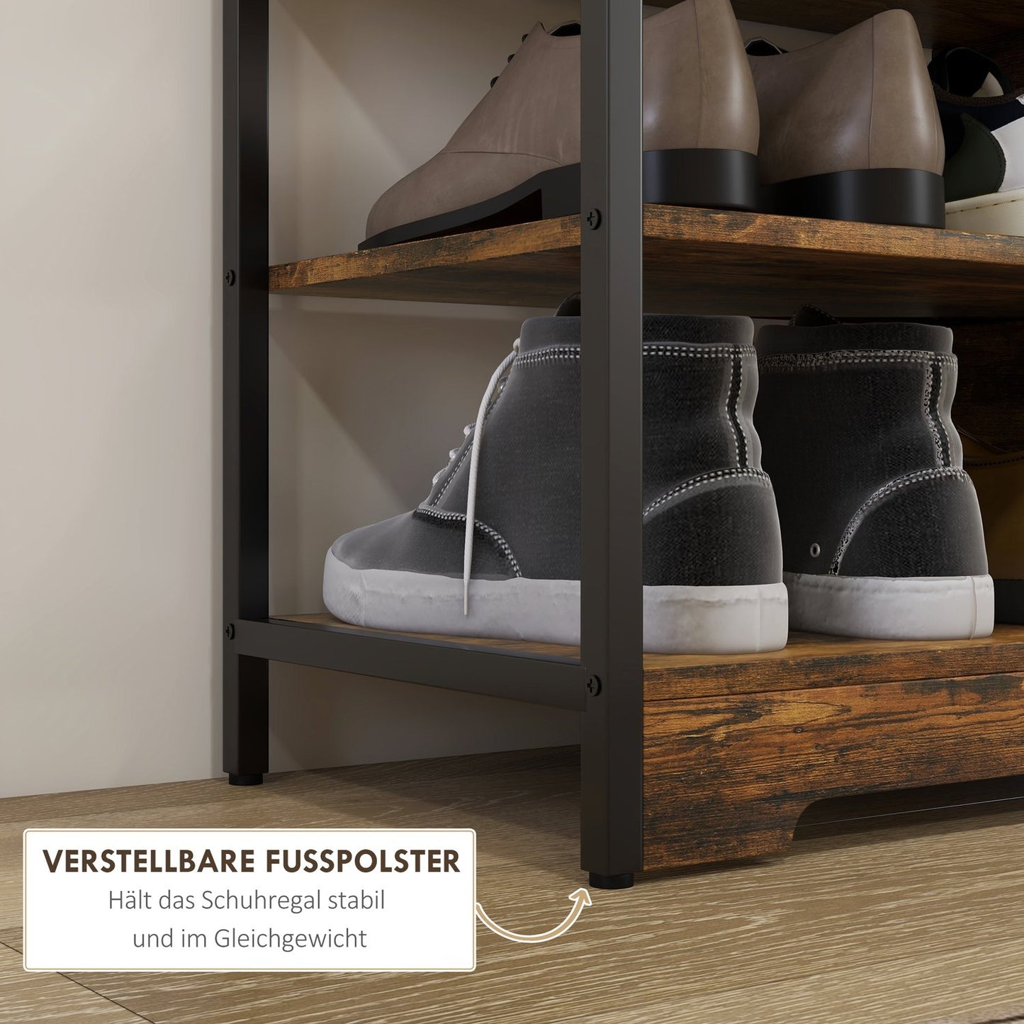 Shoe rack, 4-tier for 11 pairs, rustic brown, 70x30x65 cm