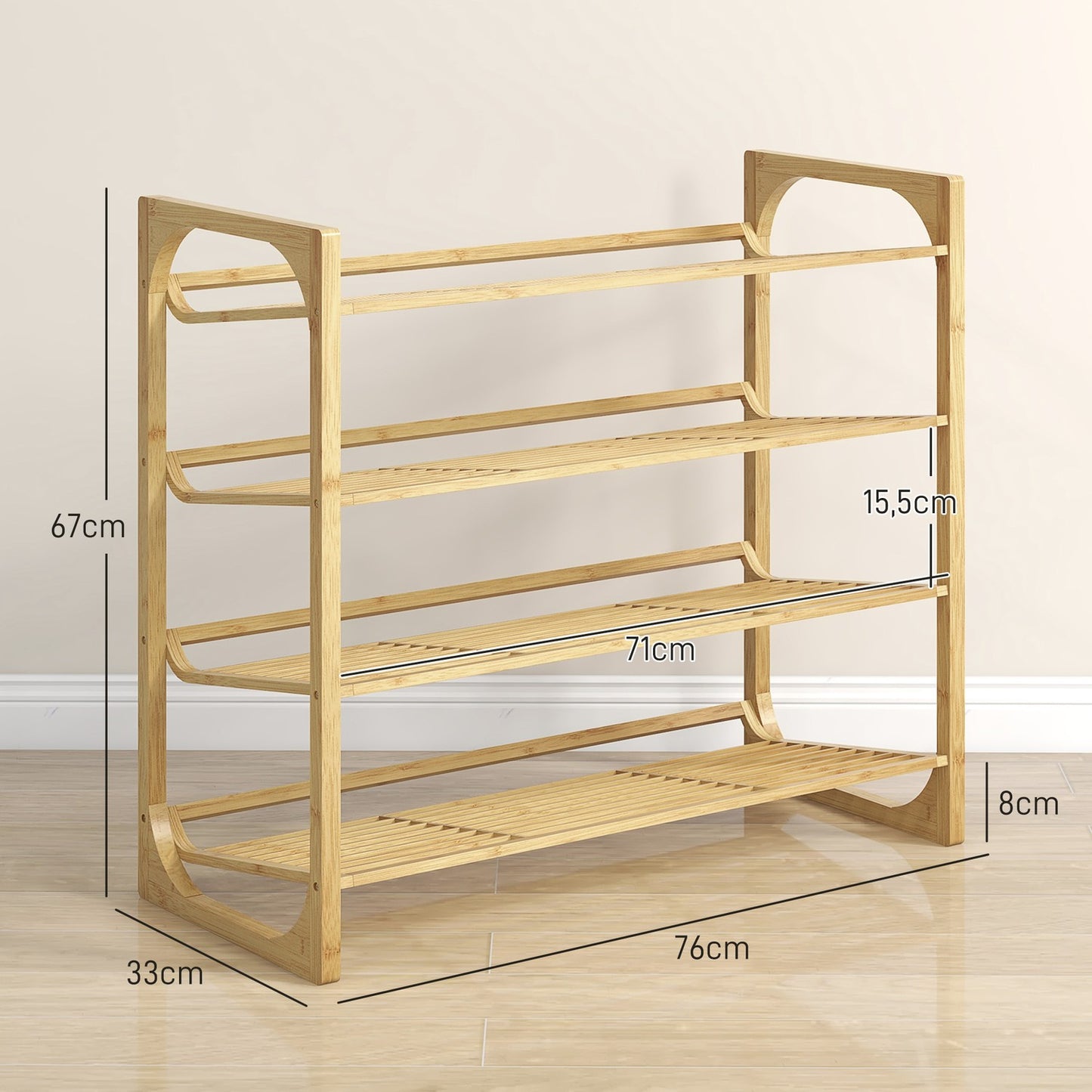 Bamboo shoe rack, 4 tiers, holds 12 pairs, natural