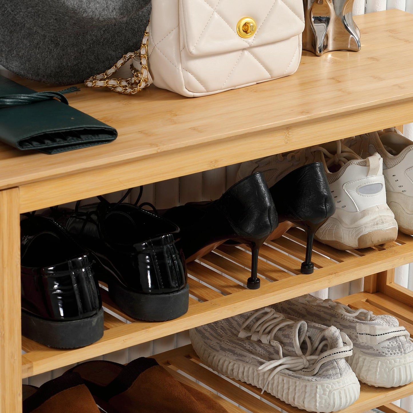 Bamboo shoe rack - 5 layers, holds 20 pairs, natural finish