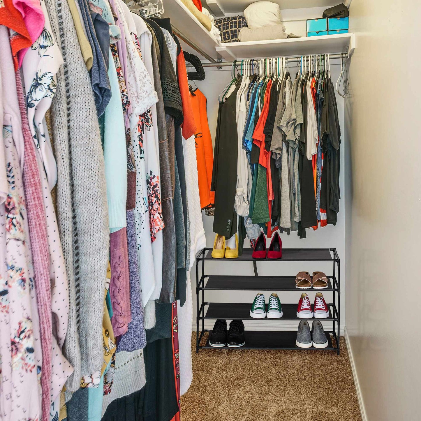Shoe shelf with fabric levels
