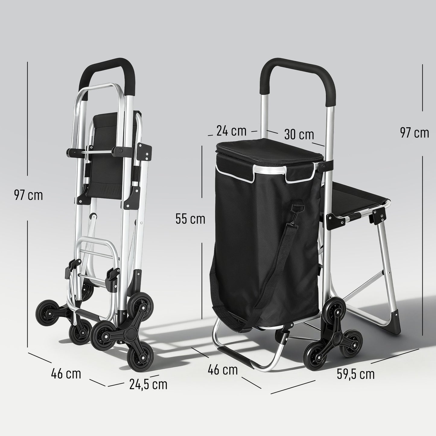 Shopping Trolley, 40L, 3-Wheel, Aluminum Frame, Seat