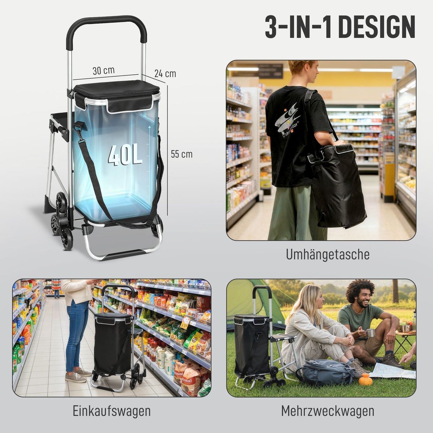 Shopping Trolley, 40L, 3-Wheel, Aluminum Frame, Seat