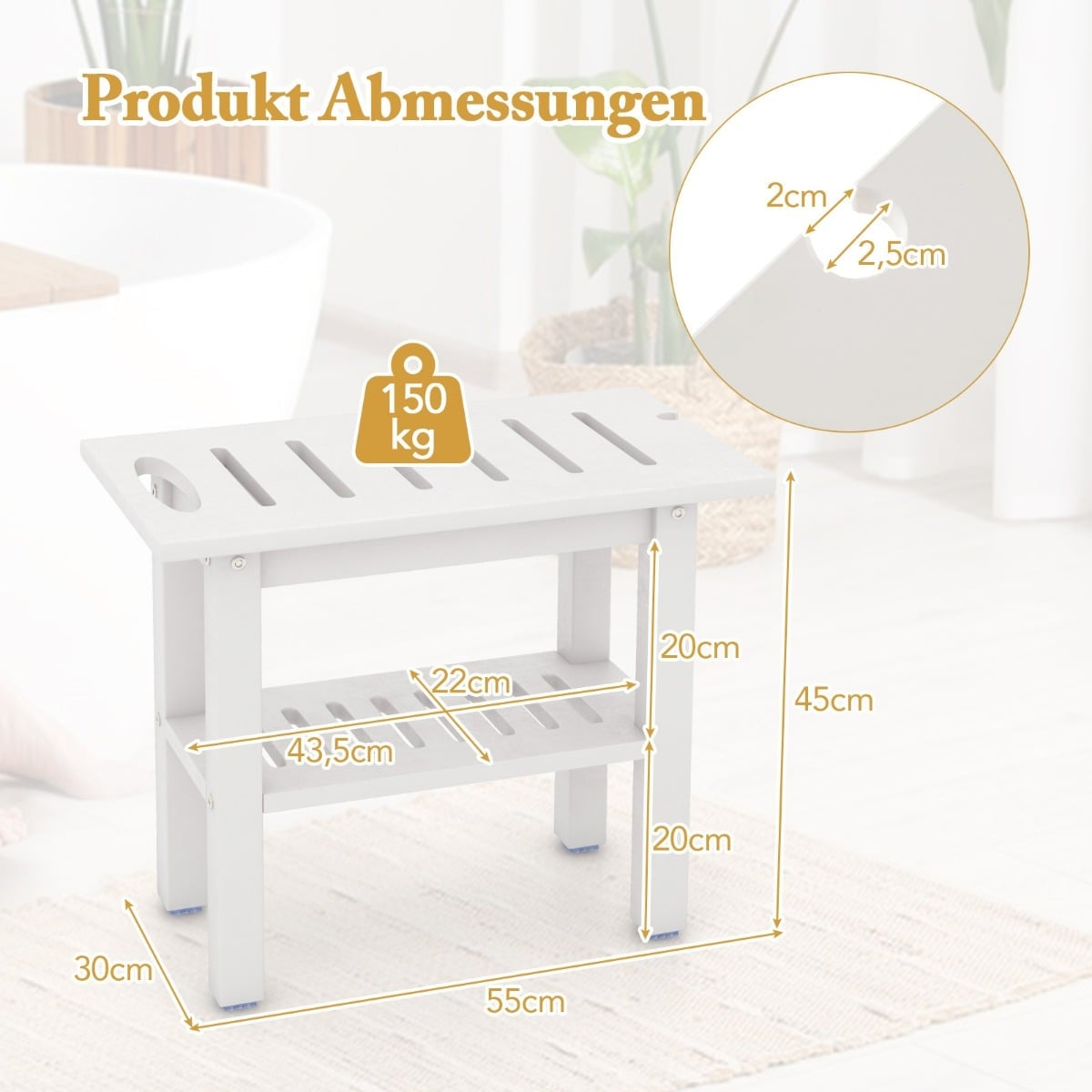 Shower Bench, Waterproof HDPE with Handle & Shelf, 150kg Capacity