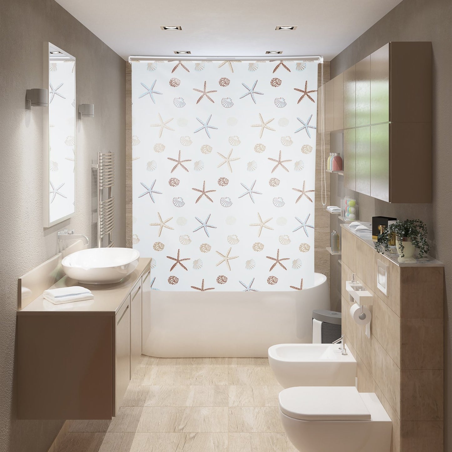 Shower Roller Blind, Ocean Print, Water-Repellent