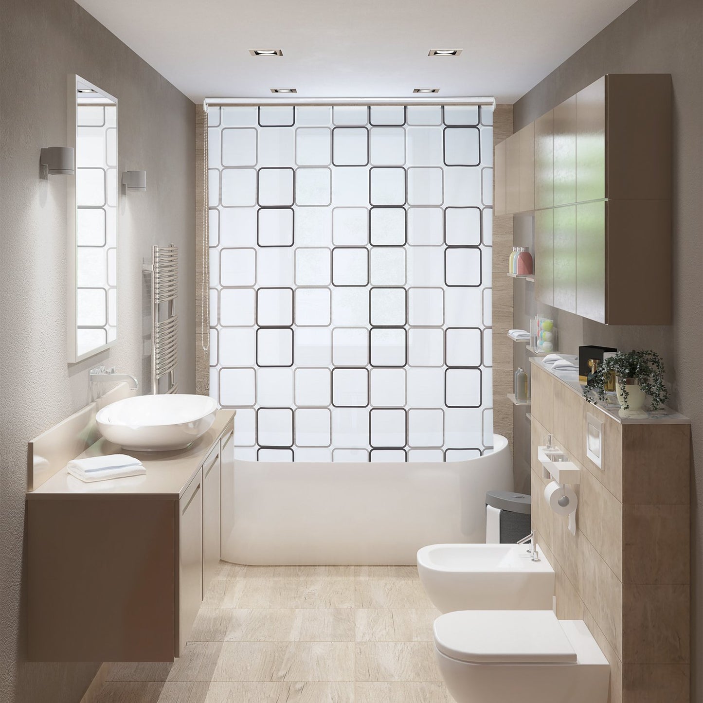 Shower Roller Blind, Water-Repellent, Retro Tile Design