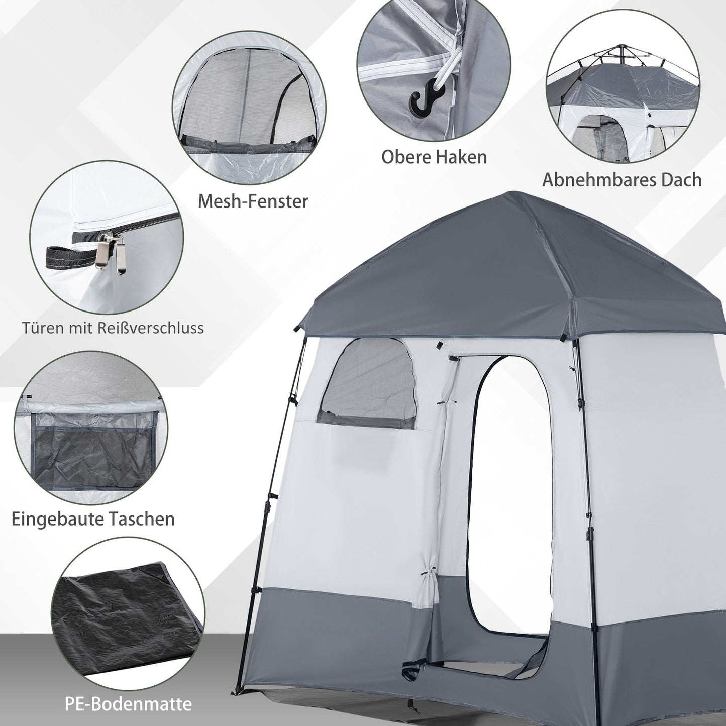 2 Person Shower Tent - Portable Privacy with 3 Doors, Gray