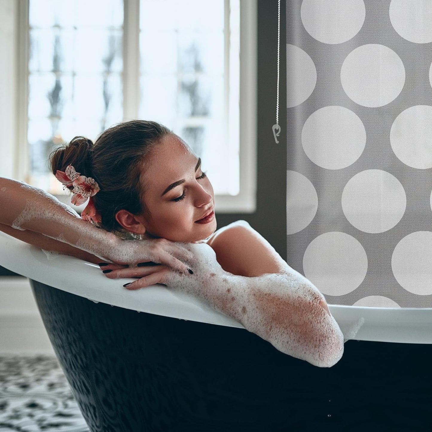 Shower curtain gray dots