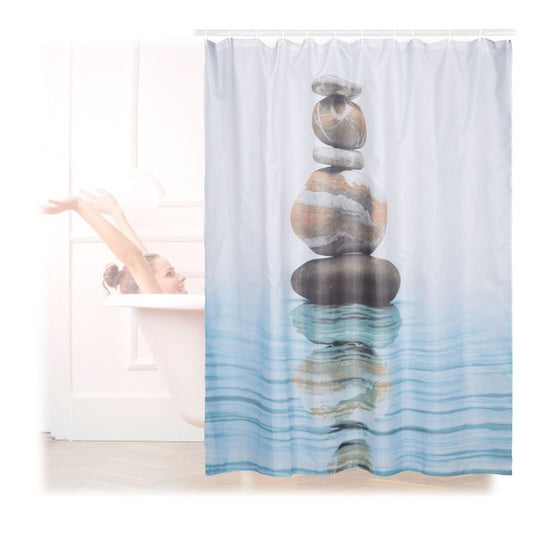 Shower curtain stone tower and water 180x180
