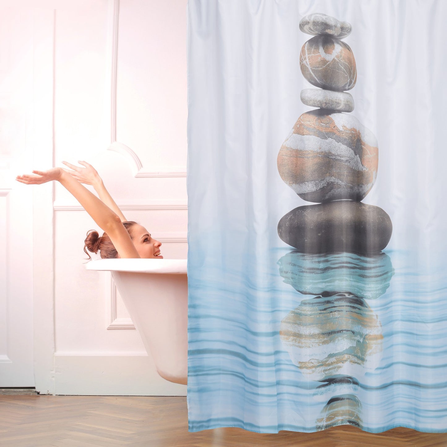 Shower curtain stone tower and water 180x180