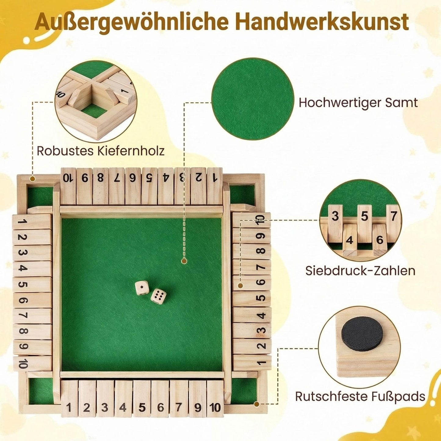 Shut The Box Game for 2-4 Players, Pine Wood, Dice Included