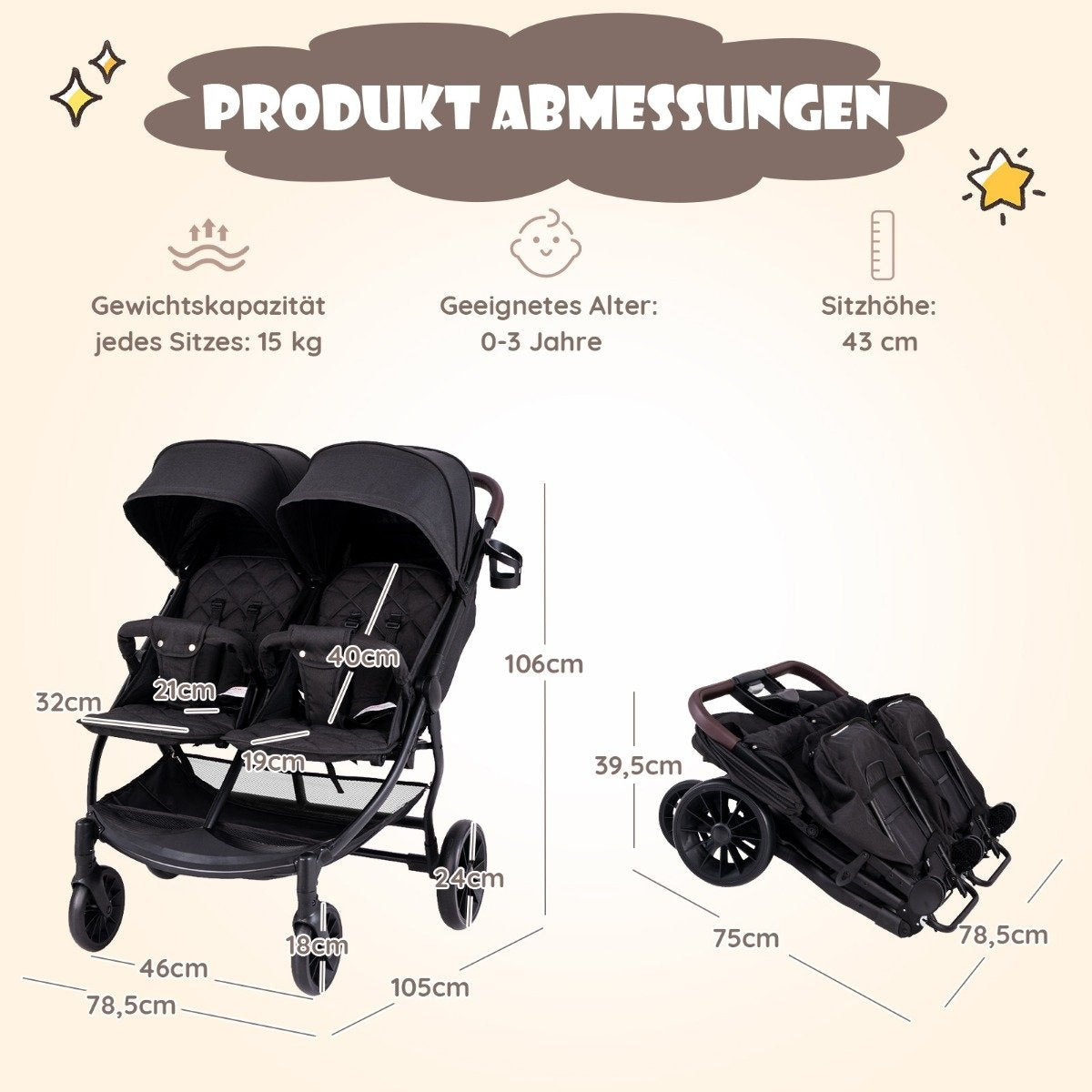 Sibling stroller foldable twin stroller with adjustable backrest portable twin buggy dark gray