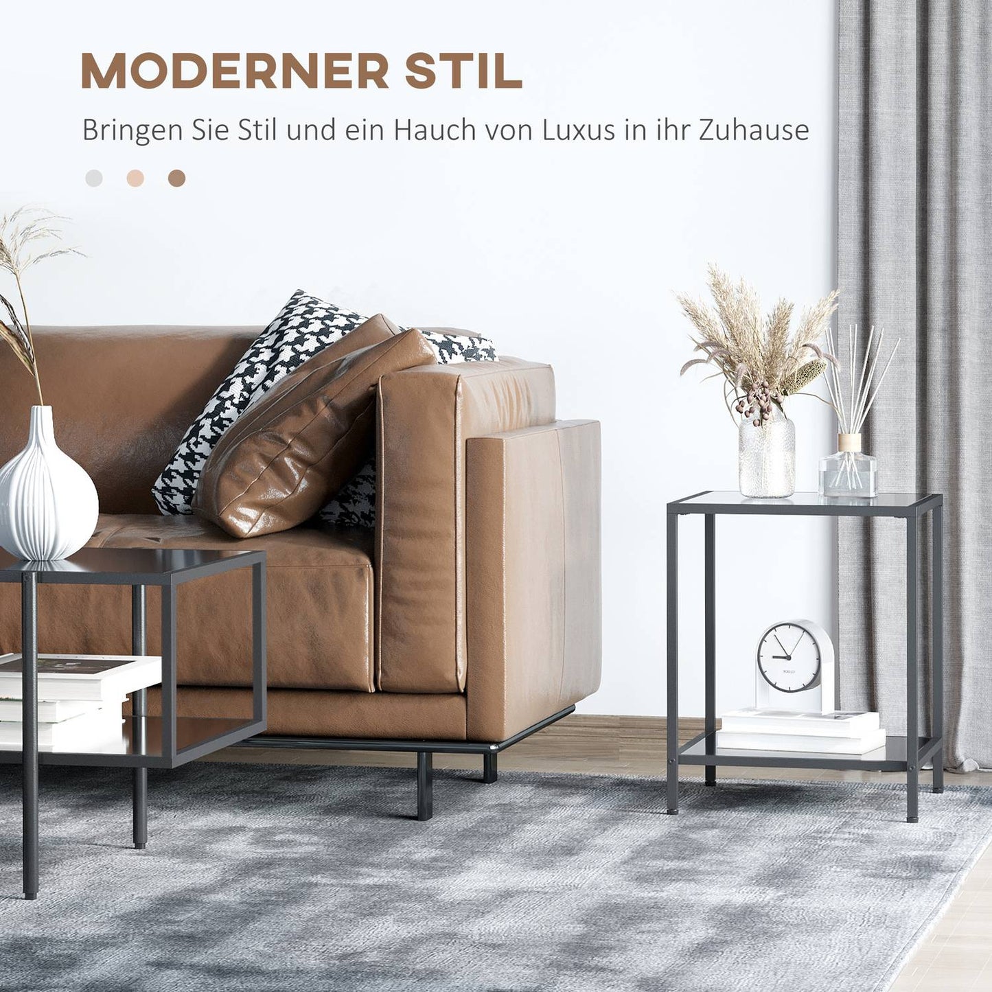 Black tempered glass side table - 2 tiers, 40 x 40 x 50 cm