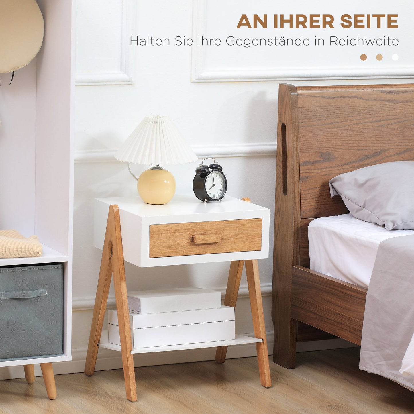 White & Natural bedside table with drawer, 45x35x54.5 cm