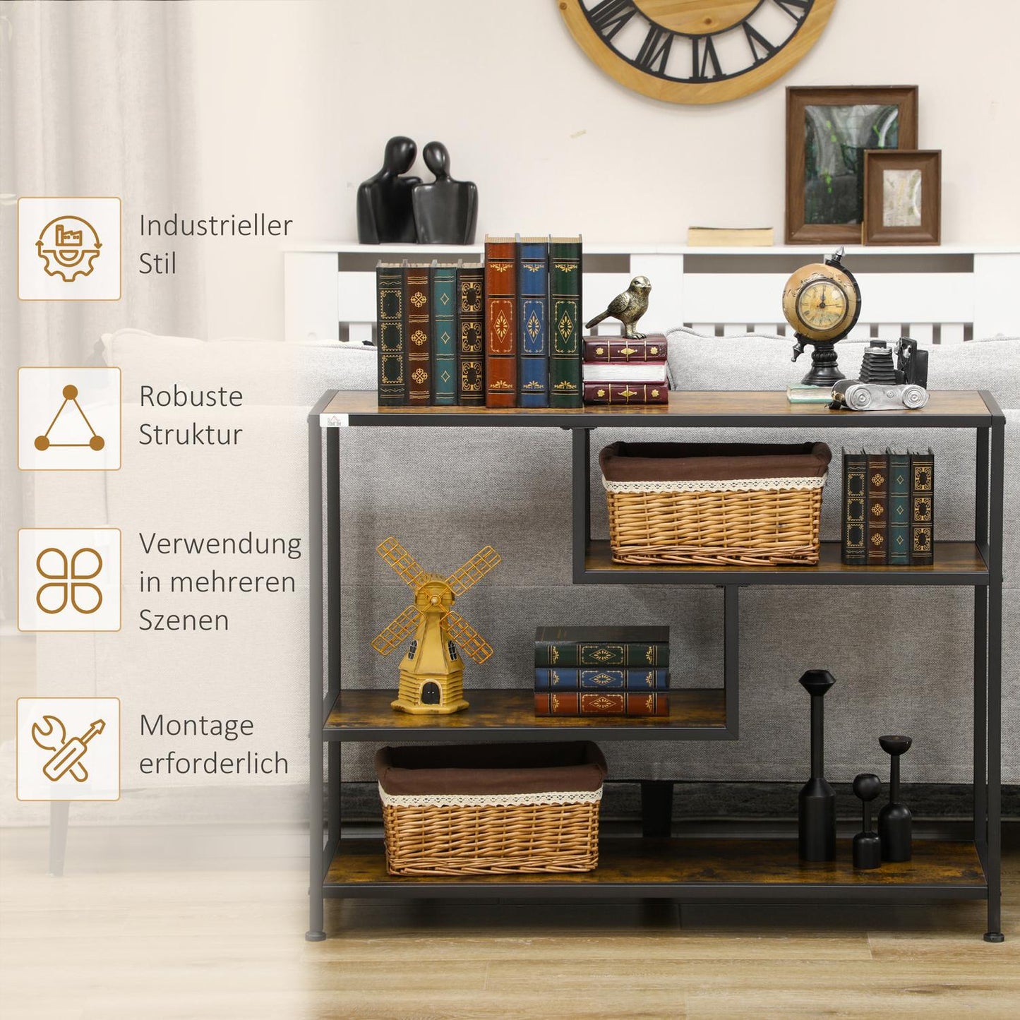 Black narrow console table - 4 shelves & lace cover
