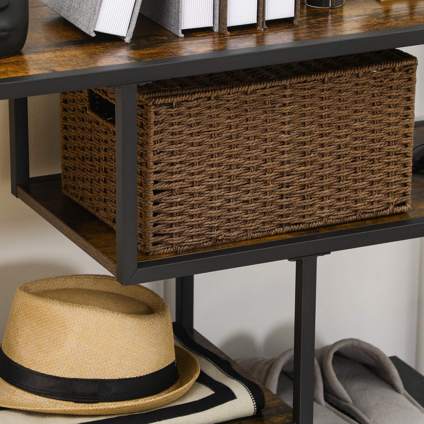 Black narrow console table - 4 shelves & lace cover