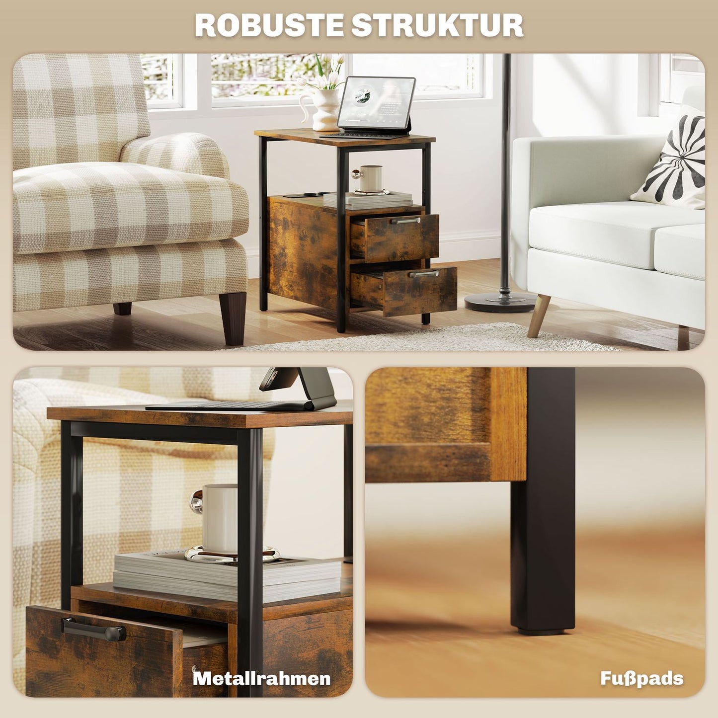 Rustic brown side table with charging station and storage