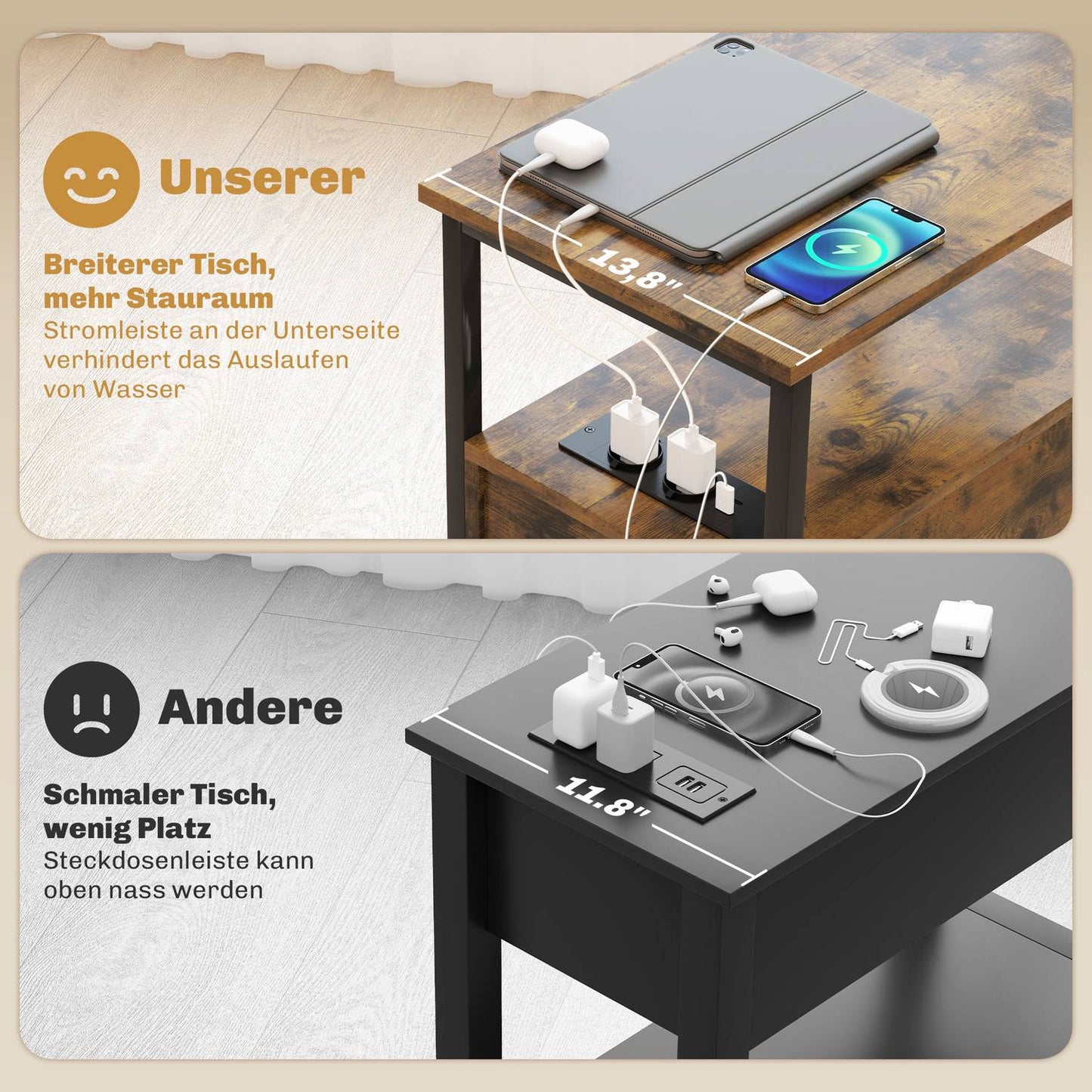 Rustic brown side table with charging station and storage
