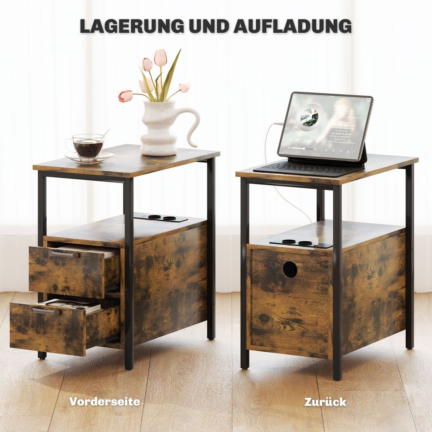 Rustic brown side table with charging station and storage