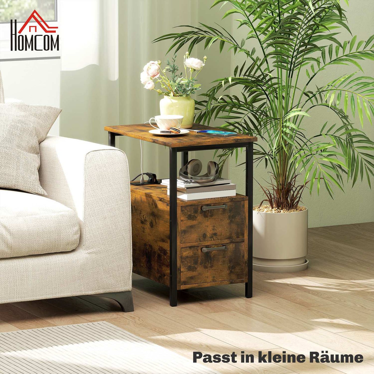 Rustic brown side table with charging station and storage
