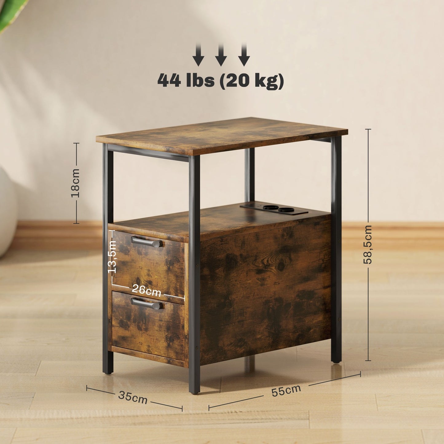 Rustic brown side table with charging station and storage