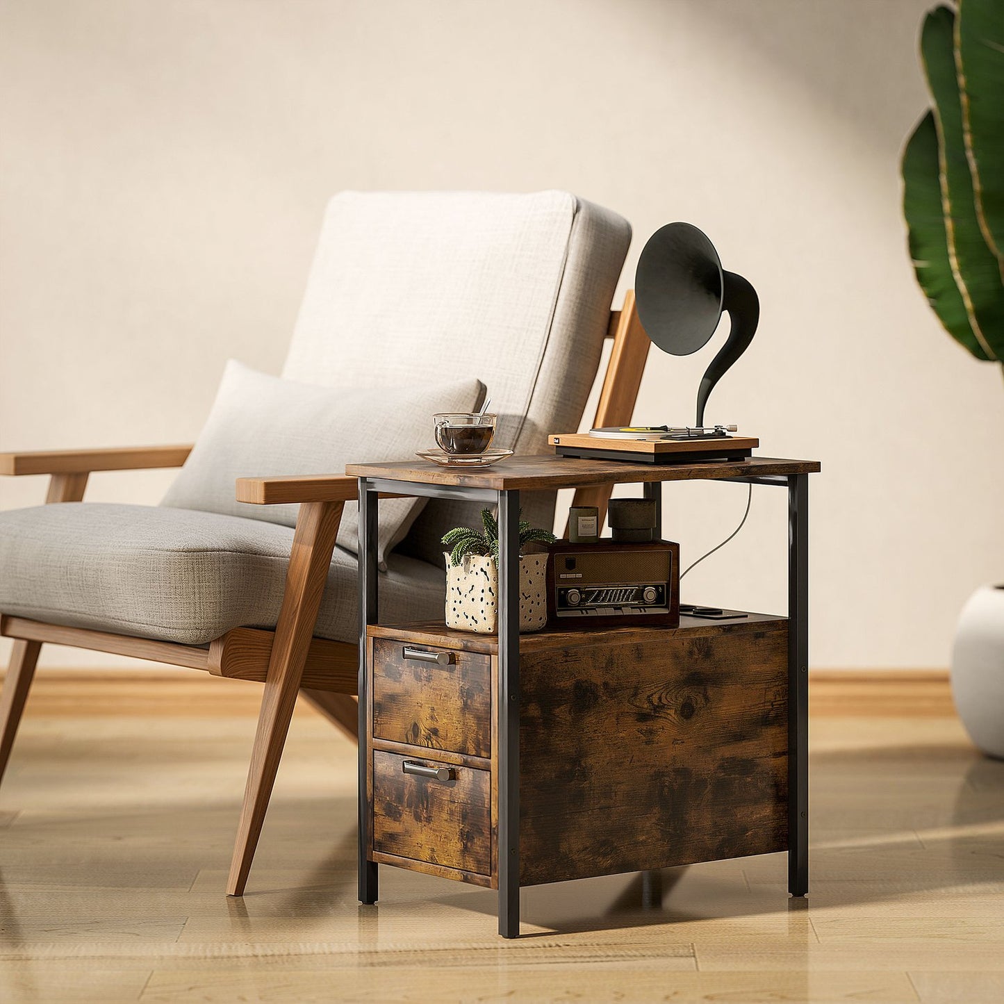Rustic brown side table with charging station and storage