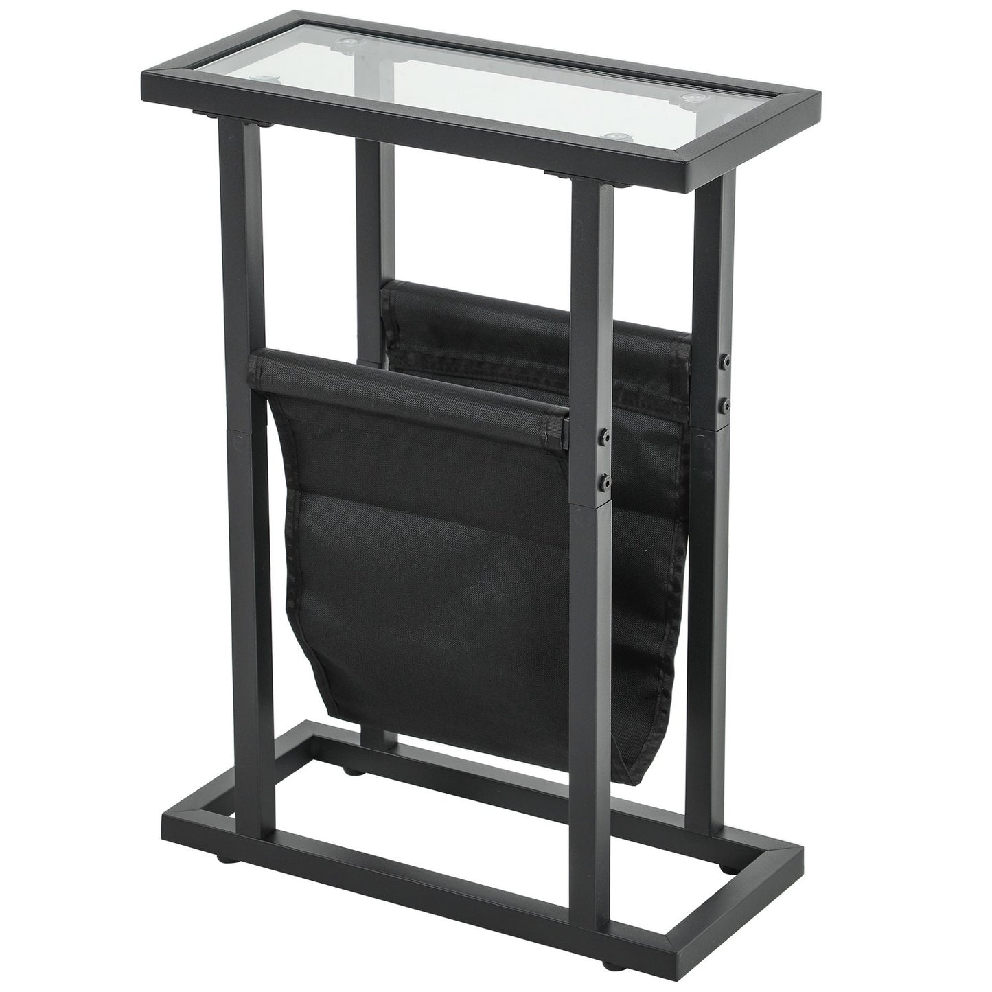 Black metal and glass side table with fabric storage bag