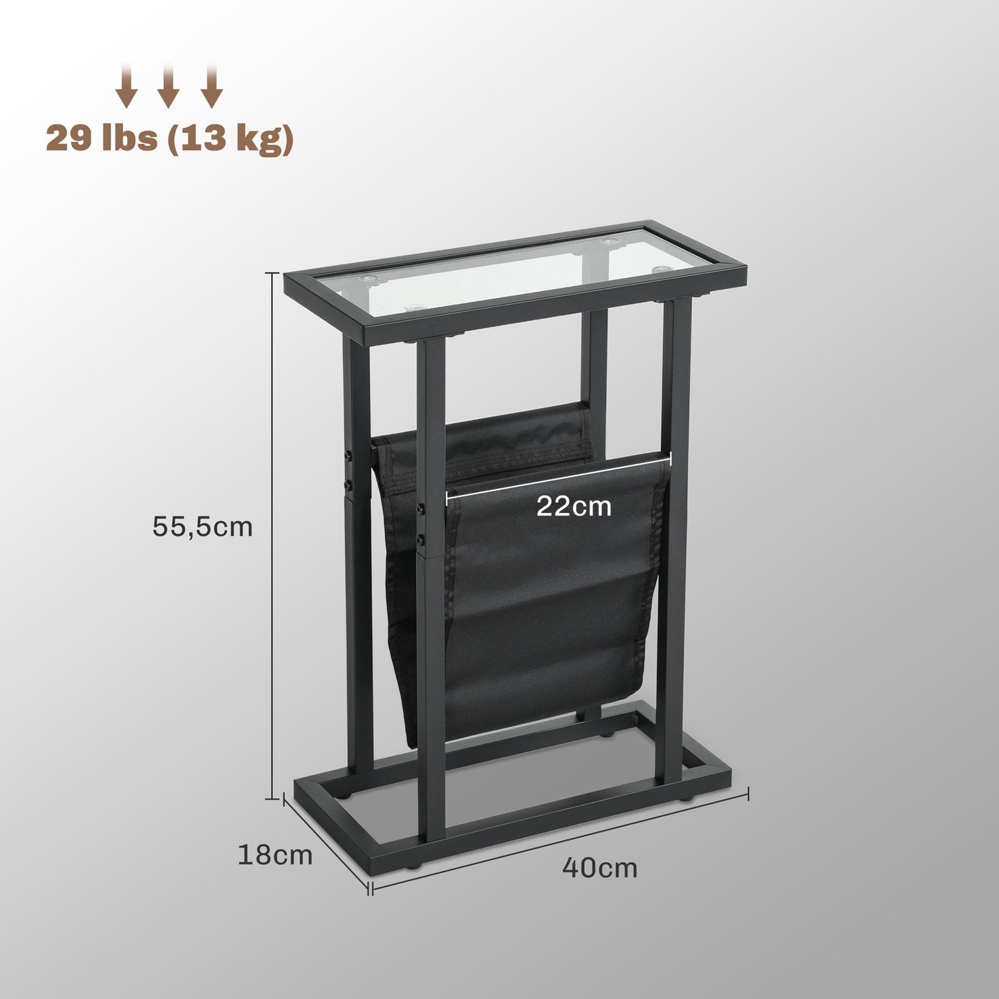 Black metal and glass side table with fabric storage bag