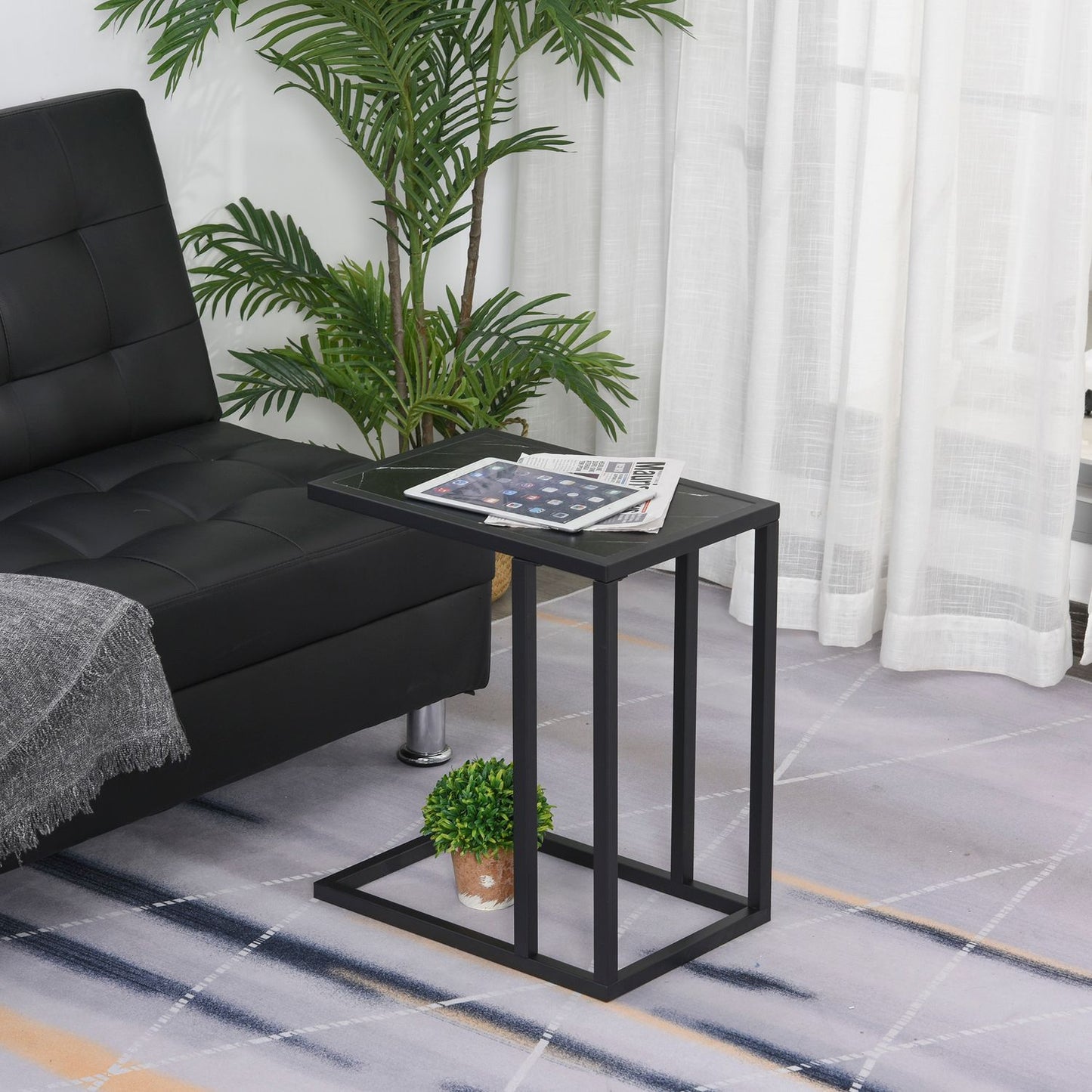 Black coffee table, marble finish, metal frame, 45x30x51.5 cm