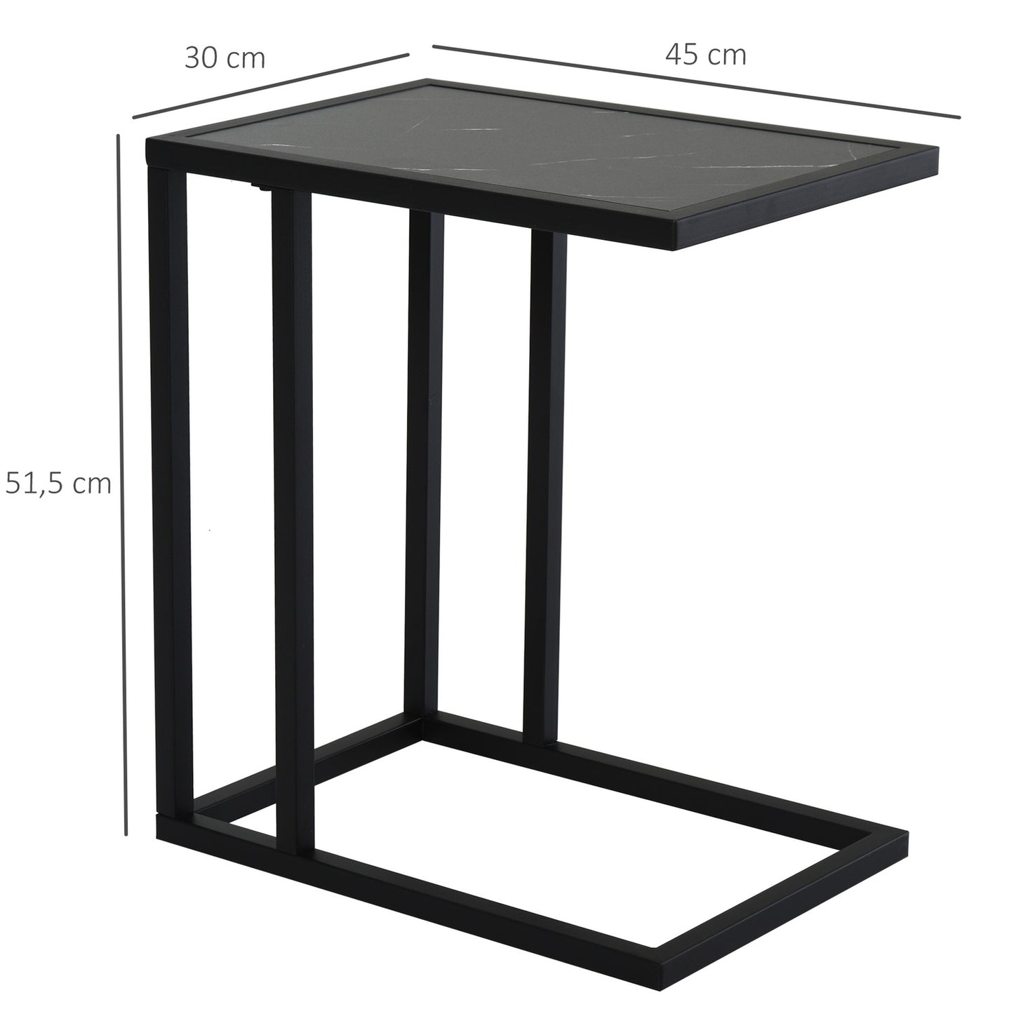Black coffee table, marble finish, metal frame, 45x30x51.5 cm