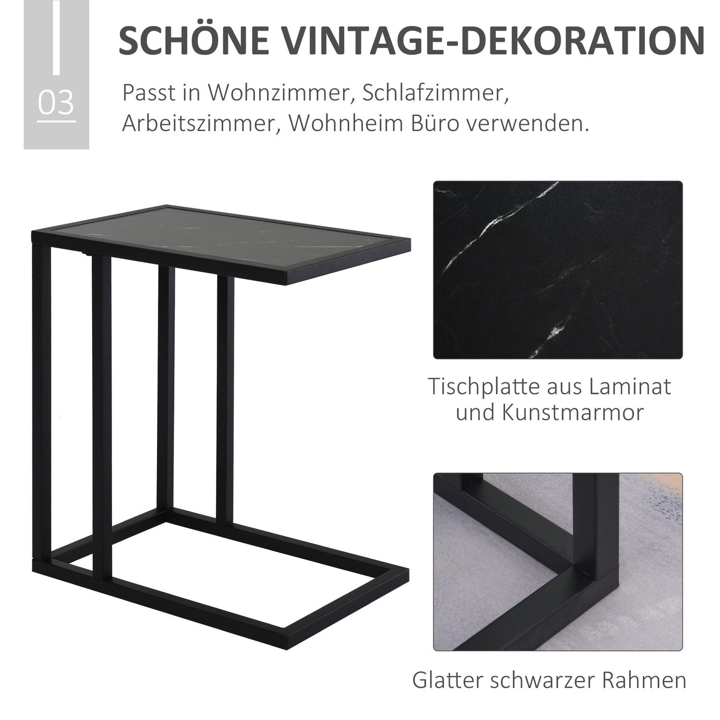 Black coffee table, marble finish, metal frame, 45x30x51.5 cm